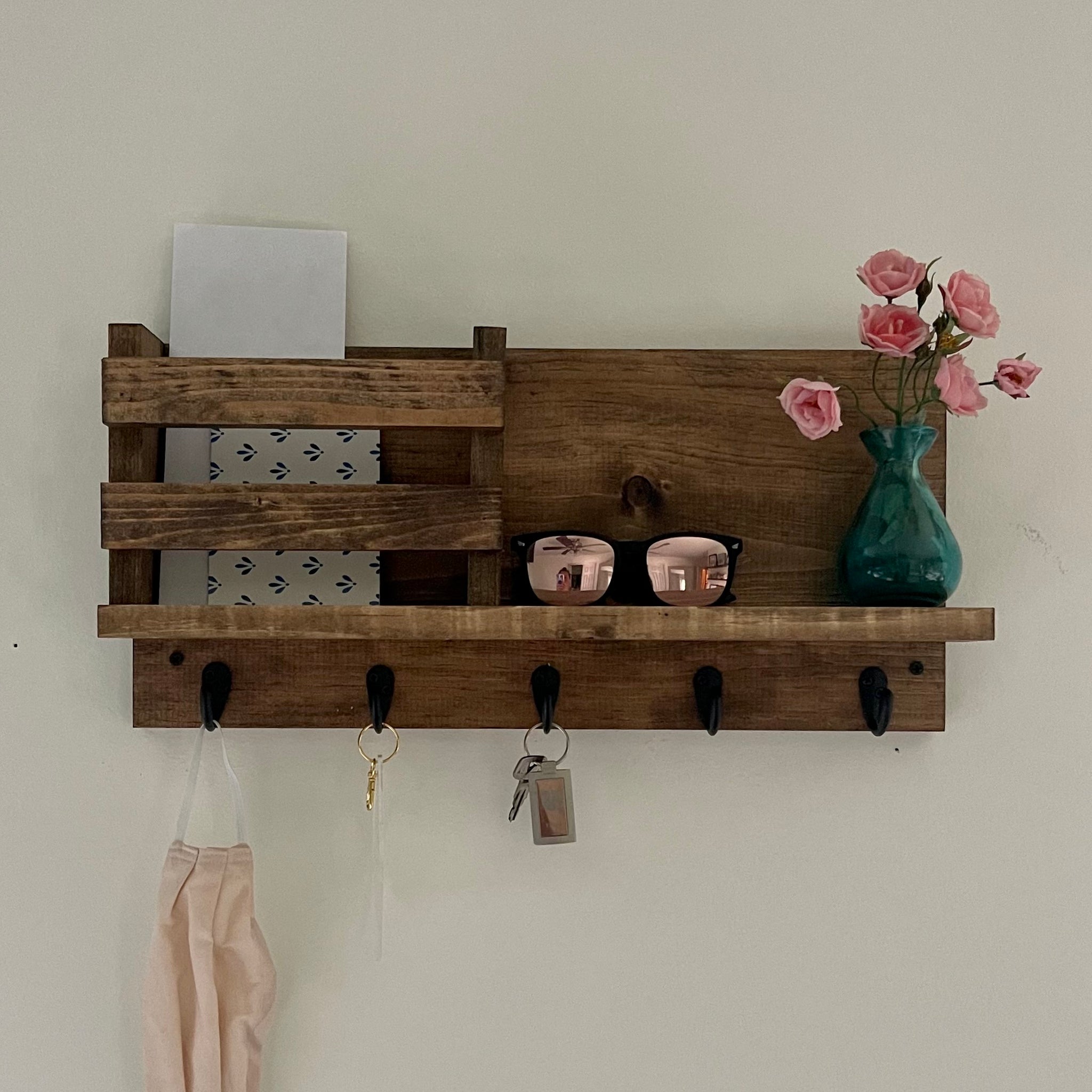 Wooden Entryway Coat Rack With Hooks, Rustic Wooden Shelf