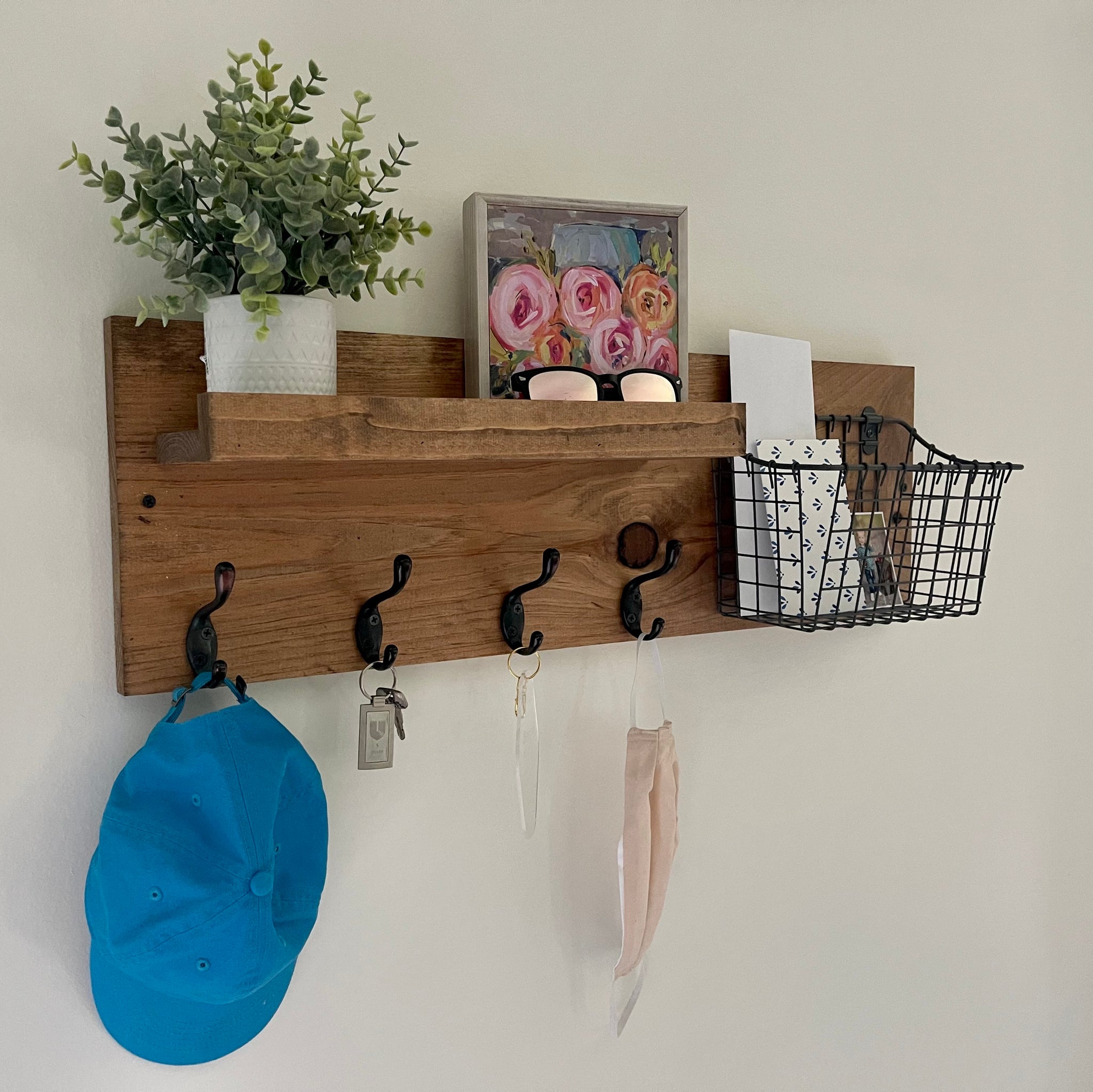 Rustic Wood Shelf With Hooks, Wood Shelf With Hooks, Entryway