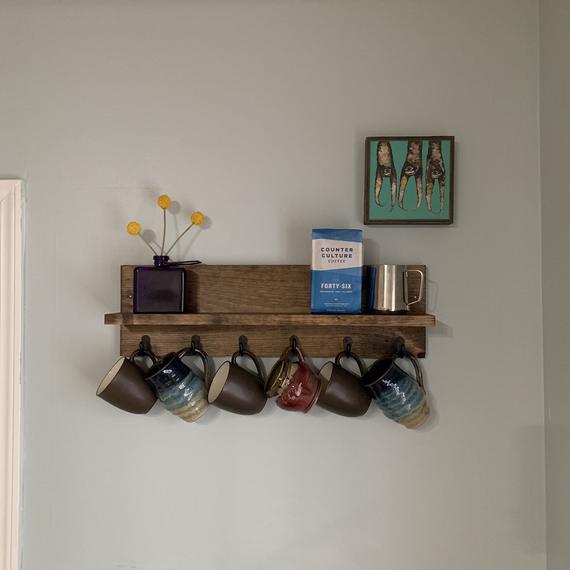 Coffee Cup Mug hotsell Rack with Shelf Wood Wall Mounted Shelf Holder Coat Key Holder